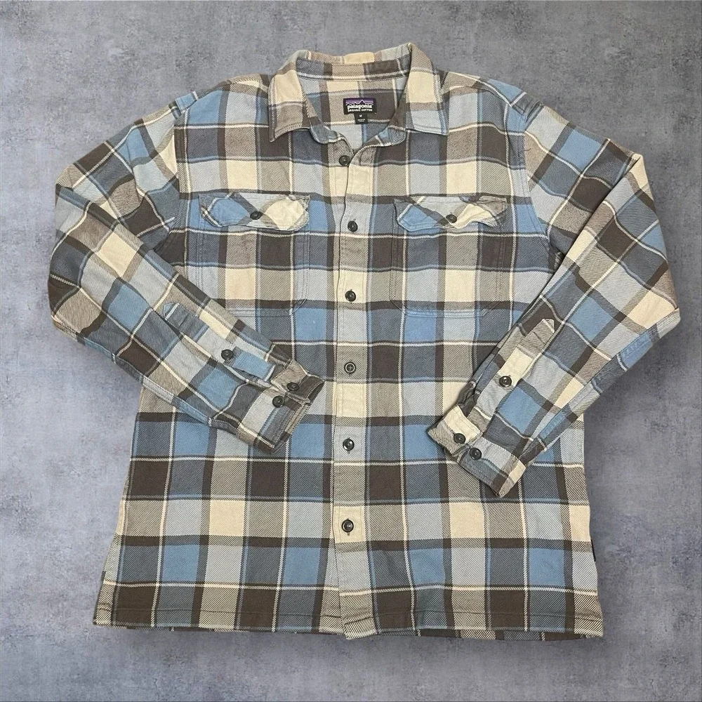 Patagonia Fjord Flannel Button Down Shirt Mens M Blue/Gray Plaid Organic Cotton - Picture 6 of 10